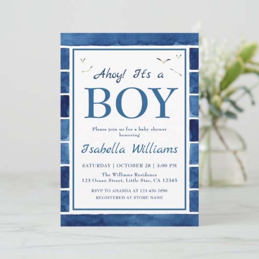 Nautical Waterverf Navy Blue Boy Baby shower Kaart (Staand voorkant)