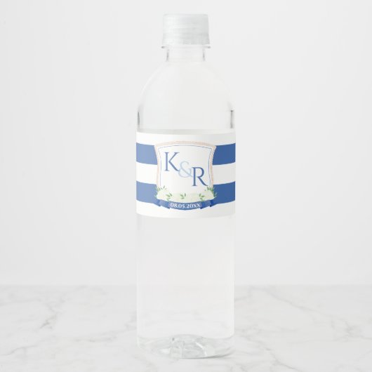 Nautical Waterverf Navy Blue White Wedding Crest Waterfles Etiket (Voorkant)