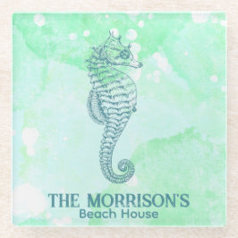 Nautical Waterverf Seahorse Personalized Glazen Onderzetter