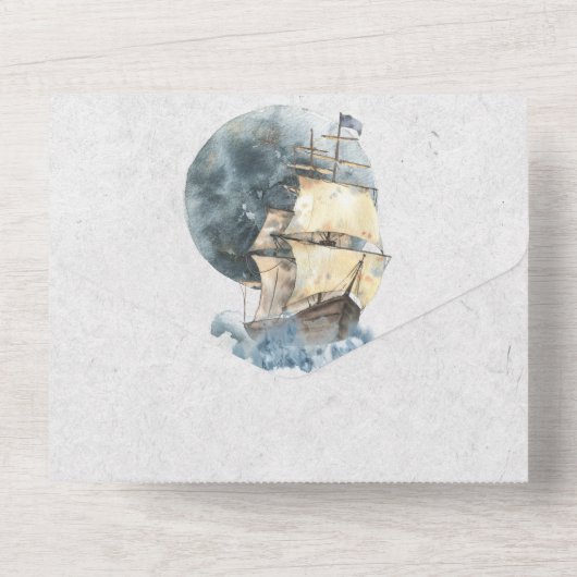 Nautical Waterverf Ship and Full Moon Wedding All In One Uitnodiging (Achterkant)
