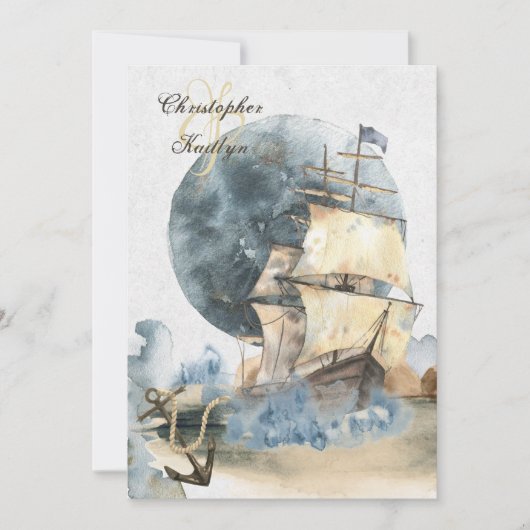 Nautical Waterverf Ship and Full Moon Wedding Kaart (Voorkant)