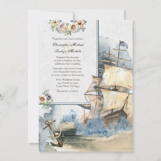 Nautical Waterverf Ship and Full Moon Wedding Kaart (Achterkant)