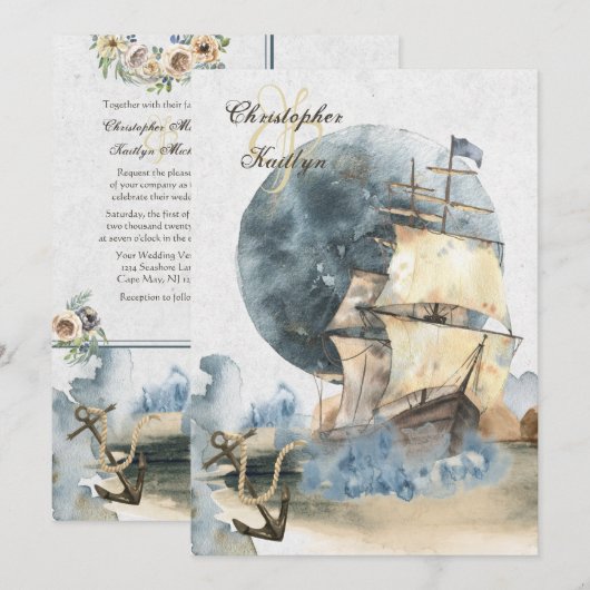 Nautical Waterverf Ship and Full Moon Wedding Kaart (Voorkant / Achterkant)