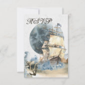Nautical Waterverf Ship and Full Moon Wedding RSVP Kaartje (Voorkant)