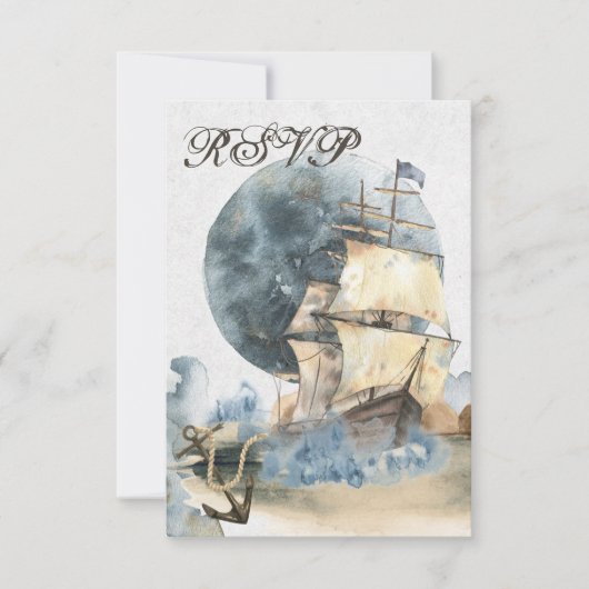 Nautical Waterverf Ship and Full Moon Wedding RSVP Kaartje (Voorkant)
