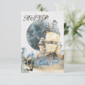 Nautical Waterverf Ship and Full Moon Wedding RSVP Kaartje (Staand voorkant)