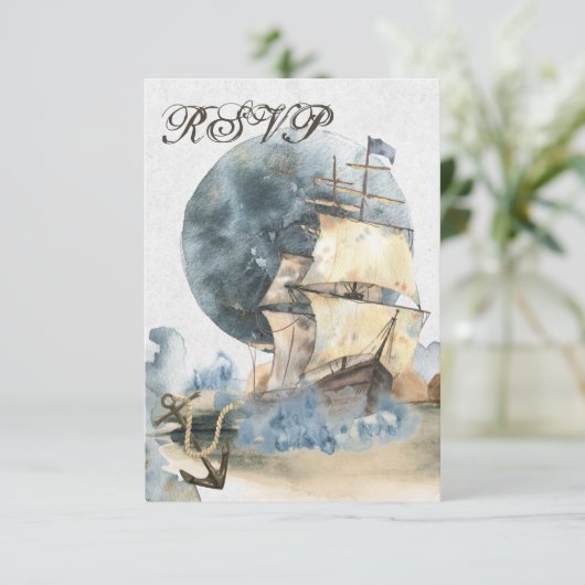 Nautical Waterverf Ship and Full Moon Wedding RSVP Kaartje (Staand voorkant)