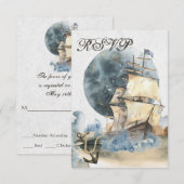 Nautical Waterverf Ship and Full Moon Wedding RSVP Kaartje (Voorkant / Achterkant)