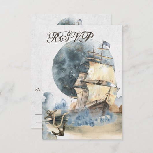 Nautical Waterverf Ship and Full Moon Wedding RSVP Kaartje (Voorkant / Achterkant)