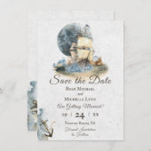 Nautical Waterverf Ship and Full Moon Wedding Save The Date (Voorkant / Achterkant)