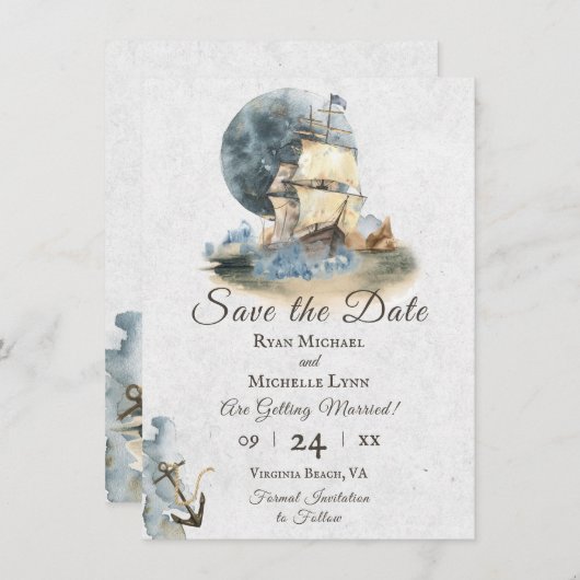 Nautical Waterverf Ship and Full Moon Wedding Save The Date (Voorkant / Achterkant)