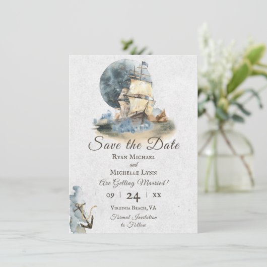 Nautical Waterverf Ship and Full Moon Wedding Save The Date (Staand voorkant)