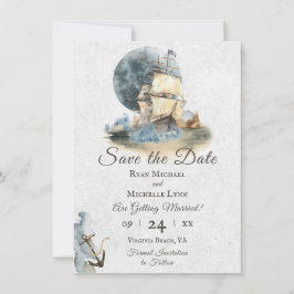 Nautical Waterverf Ship and Full Moon Wedding Save The Date