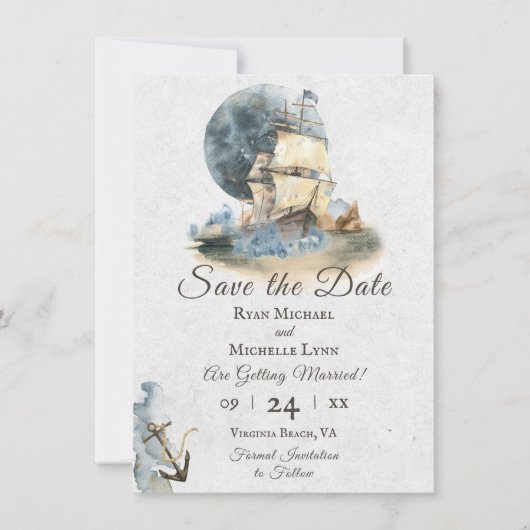 Nautical Waterverf Ship and Full Moon Wedding Save The Date (Voorkant)