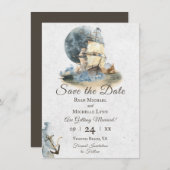 Nautical Waterverf Ship and Full Moon Wedding Save The Date (Voorkant / Achterkant)