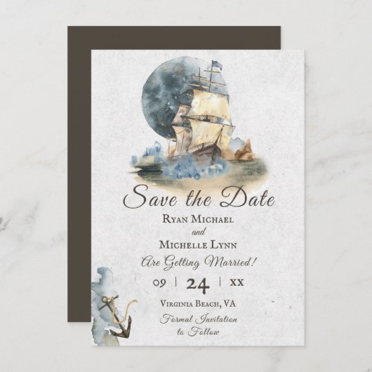 Nautical Waterverf Ship and Full Moon Wedding Save The Date (Voorkant / Achterkant)