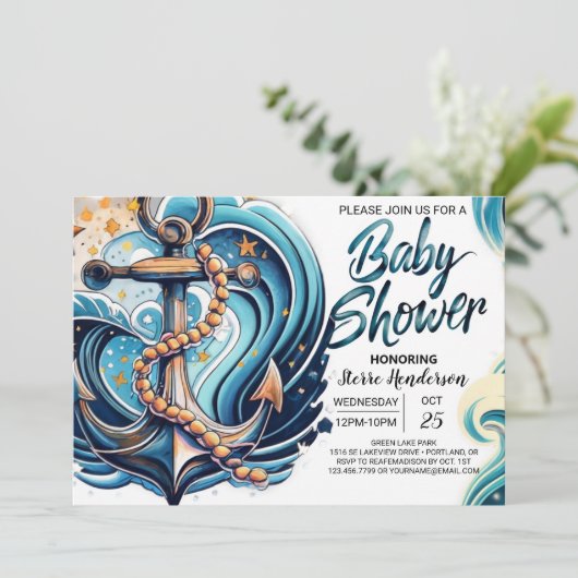 Nautical Waves Blauw Baby shower Kaart (Staand voorkant)
