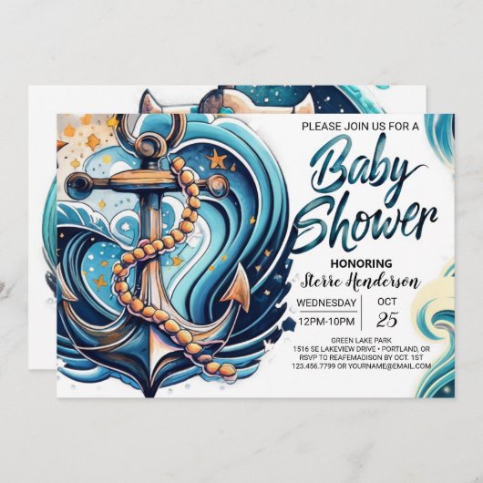 Nautical Waves Blauw Baby shower Kaart (Voorkant / Achterkant)