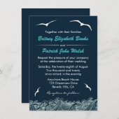 Nautical Waves & Seagulls Navy Wedding Invitations Kaart (Voorkant / Achterkant)