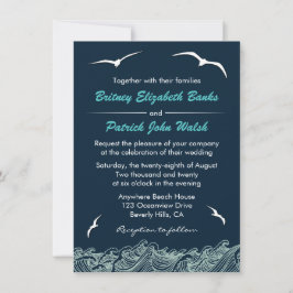 Nautical Waves & Seagulls Navy Wedding Invitations Kaart