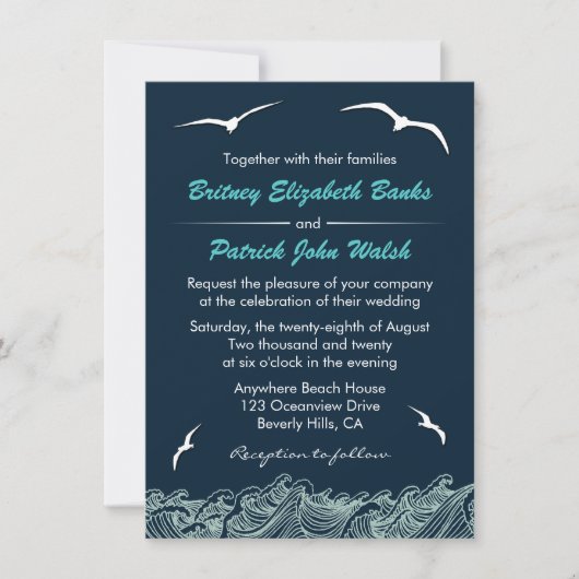 Nautical Waves & Seagulls Navy Wedding Invitations Kaart (Voorkant)