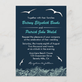 Nautical Waves & Seagulls Navy Wedding Invitations Kaart