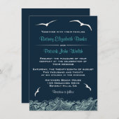 Nautical Waves & Seagulls Navy Wedding Invitations Kaart (Voorkant / Achterkant)