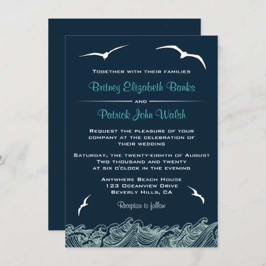 Nautical Waves & Seagulls Navy Wedding Invitations Kaart (Voorkant / Achterkant)
