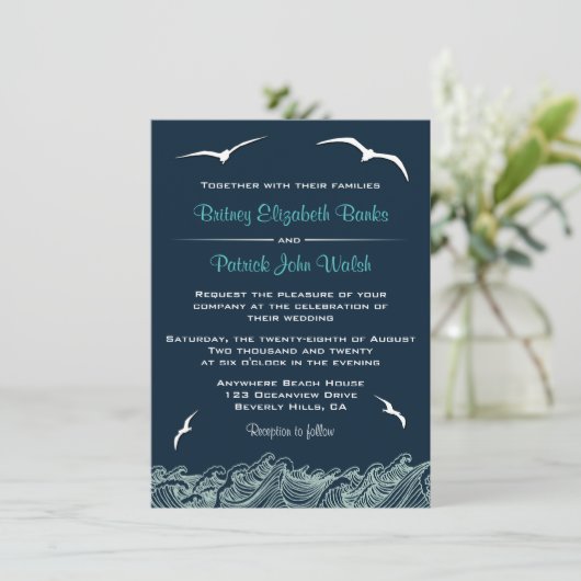 Nautical Waves & Seagulls Navy Wedding Invitations Kaart (Staand voorkant)