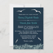Nautical Waves & Seagulls Navy Wedding Invitations Kaart (Voorkant)