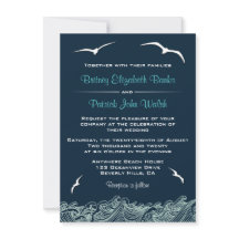 Nautical Waves & Seagulls Navy Wedding Invitations