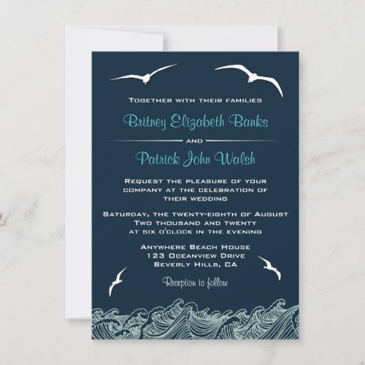Nautical Waves & Seagulls Navy Wedding Invitations Kaart (Voorkant)