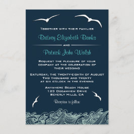 Nautical Waves & Seagulls Navy Wedding Invitations Kaart