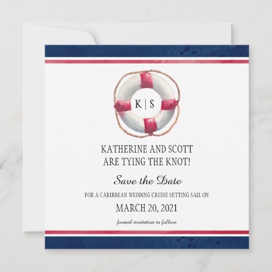 Nautical Weddenschap met handschilderd reddingsboo Save The Date (Voorkant)