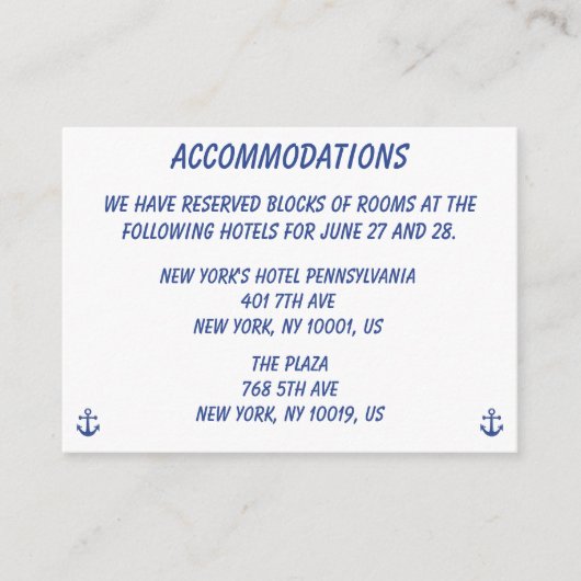 Nautical Wedding Accommodations Visitekaartjes Informatiekaartje (Voorkant)