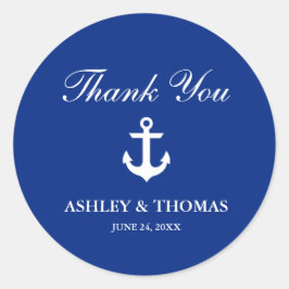 Nautical Wedding Anchor Blue Dank je Ronde Sticker