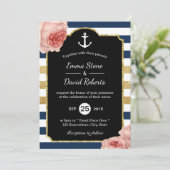 Nautical Wedding Anchor Navy & Gold Stripes Floral Kaart (Staand voorkant)