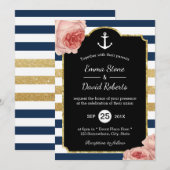 Nautical Wedding Anchor Navy & Gold Stripes Floral Kaart (Voorkant / Achterkant)