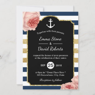 Nautical Wedding Anchor Navy & Gold Stripes Floral Kaart