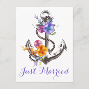 Nautical Wedding Anchor Paars, gewoon gehuwd stran Aankondigingskaart