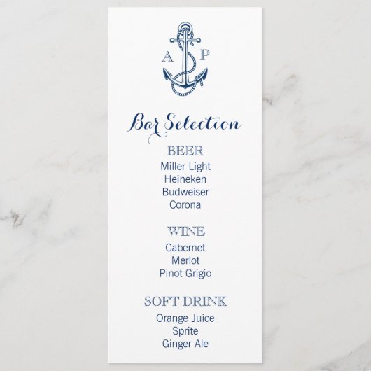 Nautical Wedding Bar Menu met anker en initialen (Voorkant)