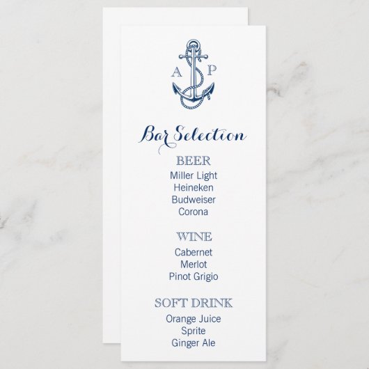 Nautical Wedding Bar Menu met anker en initialen (Voorkant / Achterkant)