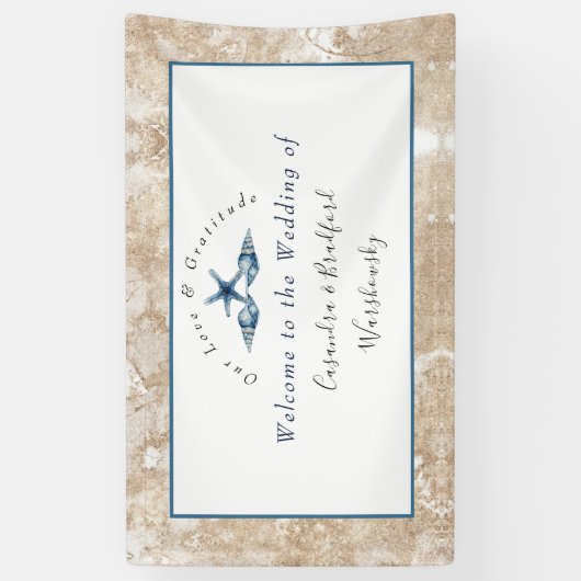 Nautical Wedding Beach Seashell Roses Coral Blue Spandoek (Verticaal)