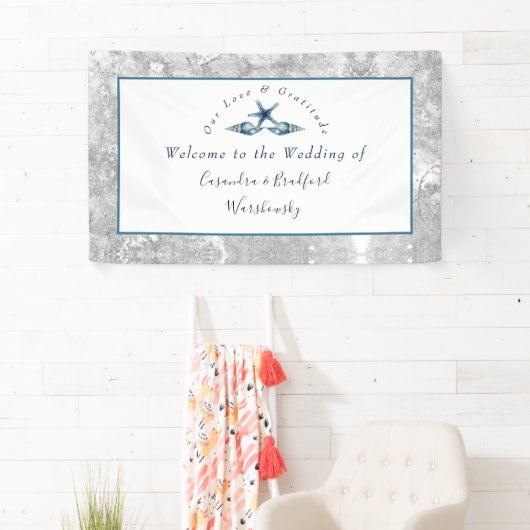 Nautical Wedding Beach Seashell Rozen Grijs Blauw Spandoek (Insitu)