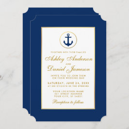 Nautical Wedding Blue Anchor and Gold Invitation Kaart
