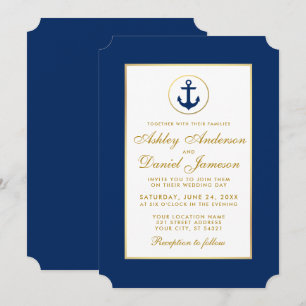 Nautical Wedding Blue Anchor and Gold Invitation Kaart