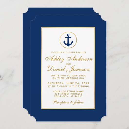 Nautical Wedding Blue Anchor and Gold Invitation Kaart (Voorkant / Achterkant)