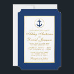 Nautical Wedding Blue Anchor and Gold Invitation W Kaart<br><div class="desc">Nautical Wedding Blue Anchor Gold-uitnodiging - Gold-tekst - Ticket Style - White Back</div>