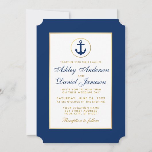 Nautical Wedding Blue Anchor Gold Invitation W Kaart (Voorkant)