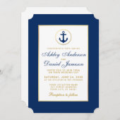 Nautical Wedding Blue Anchor Gold Invitation W Kaart (Voorkant / Achterkant)